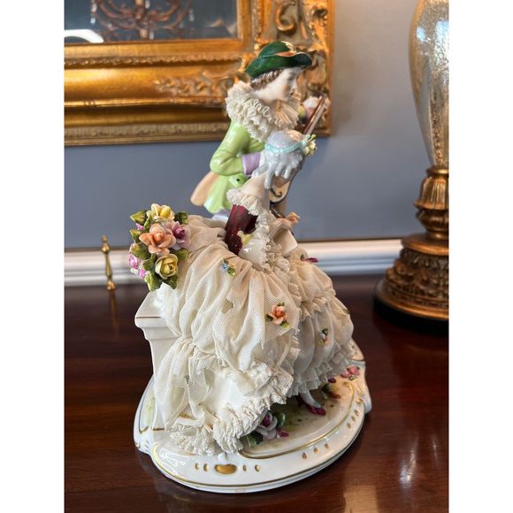 Unterweissbach German‎ Porcelain Dresden Lace Large Figurine Couple 12" - Picture 8 of 13